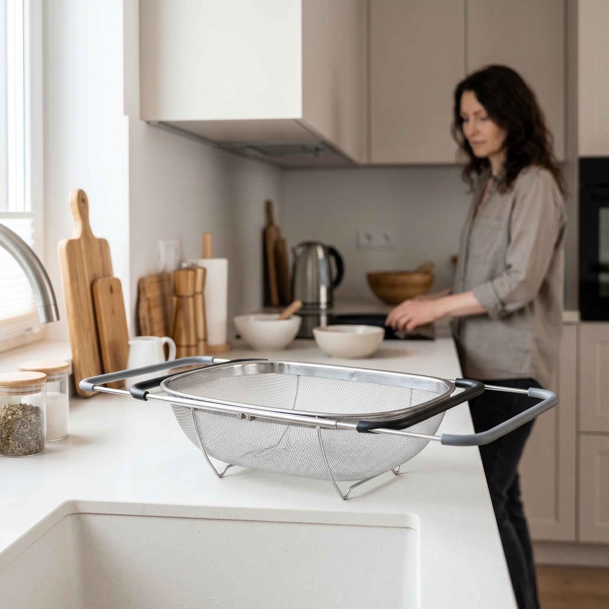 KADAX Scolapasta in acciaio inox per lavello, scolapasta con manici, colino da cucina per lavare e scolare frutta, verdura e pasta, filtro per lavello