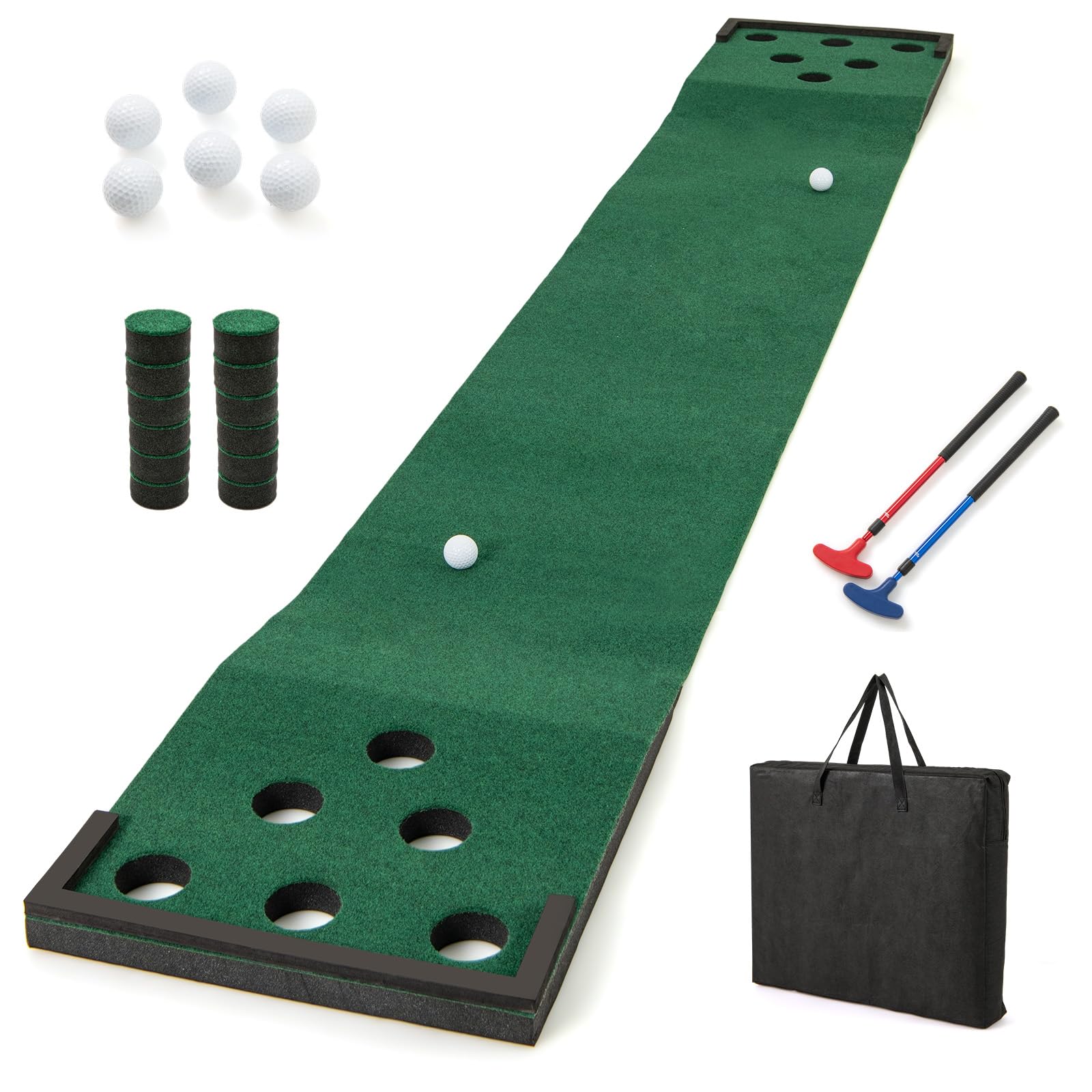 GOPLUS Puttingmatte Set, Golf Trainingshilfen mit verstellbaren Puttern, Bällen, Lochabdeckungen, Golftrainermatte mit Tragetasche, für Zuhause und Büro, für Party, Familie & Freunde