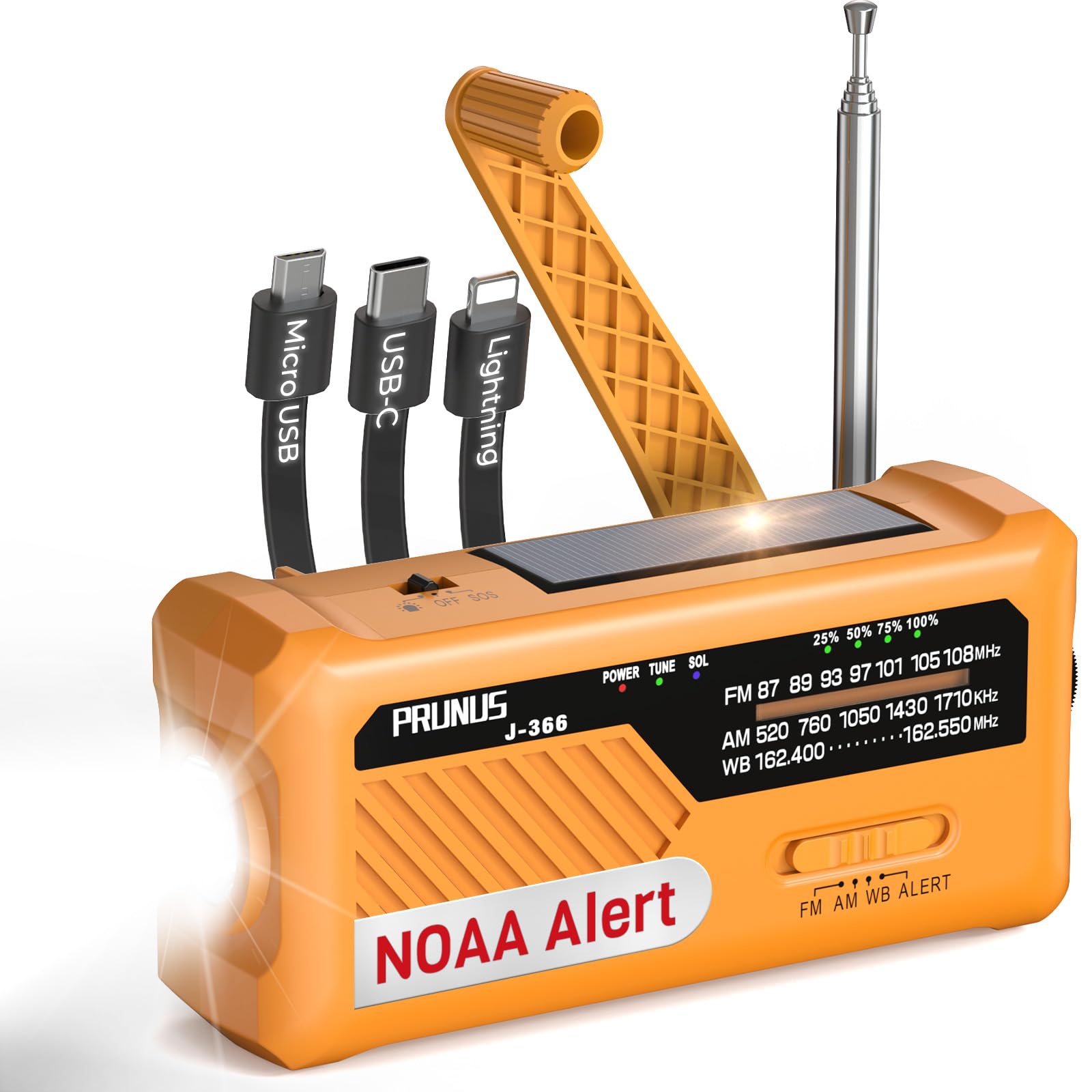 PRUNUS J-366 Hand Crank Emergency Radio, NOAA Weather Alert, 3-in-1 Charging Cables, 7400mWh/AAA Battery/Hand Crank Radio/Solar/USB-C, AM/FM, SOS Alarm, Flashlight, Compact for Bag, NOAA Weather Radio