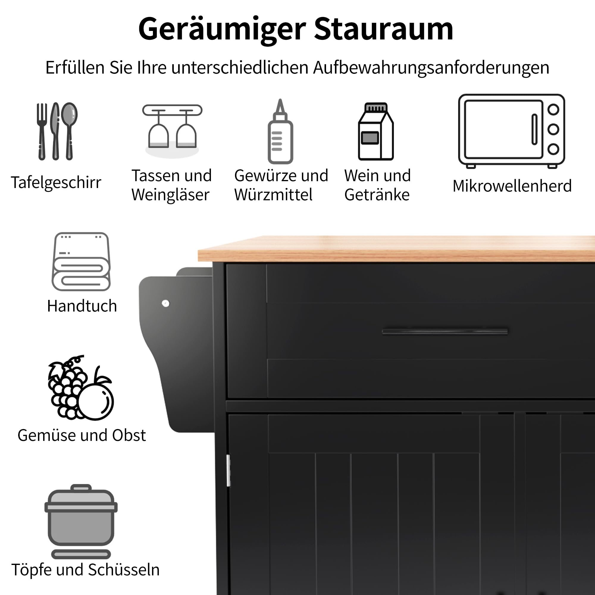 Sapgaks - Gran carro de servicio con mesa plegable, isla de cocina con toallero, 2 cajones, 3 compartimentos de almacenamiento, carro de cocina con 5 ruedas, armario de cocina, negro