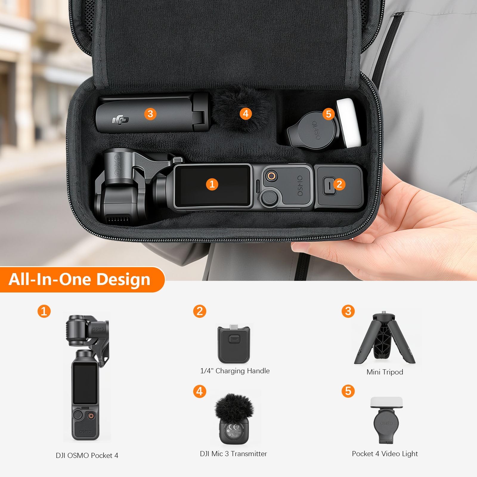 AMAZEAR Custodia per DJI Osmo Pocket 4, Osmo Pocket 4 accessori Case – Borsa compatta da trasporto con lanyard & moschettone, Valigetta per accessori, Protezione e organizzazione, Nero
