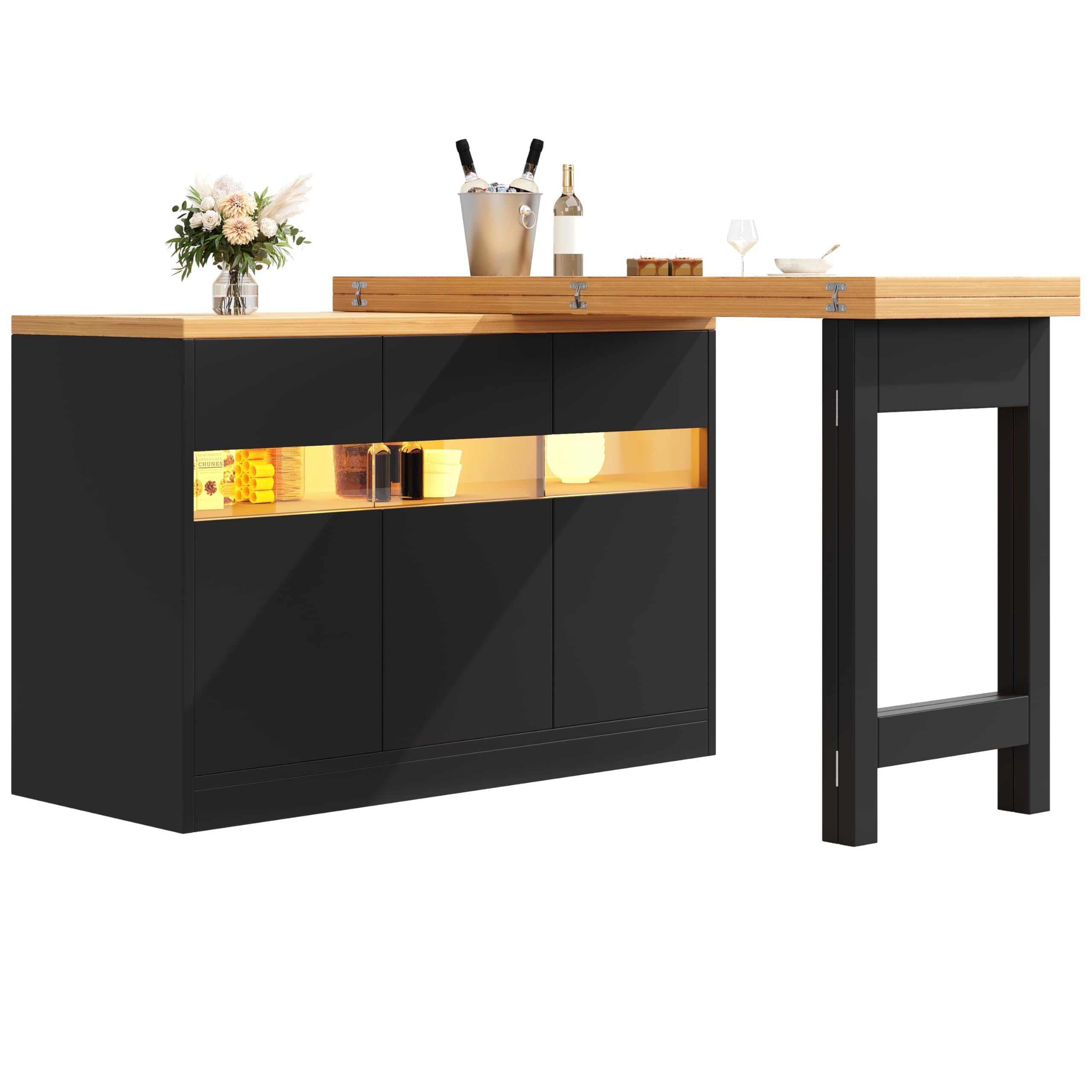 SACOOL Tavolo bar allungabile con illuminazione a LED e rotazione a 360°, lunghezza regolabile 120-180 cm, moderno tavolo isola cucina con spazio di archiviazione, per soggiorno, sala da pranzo, home