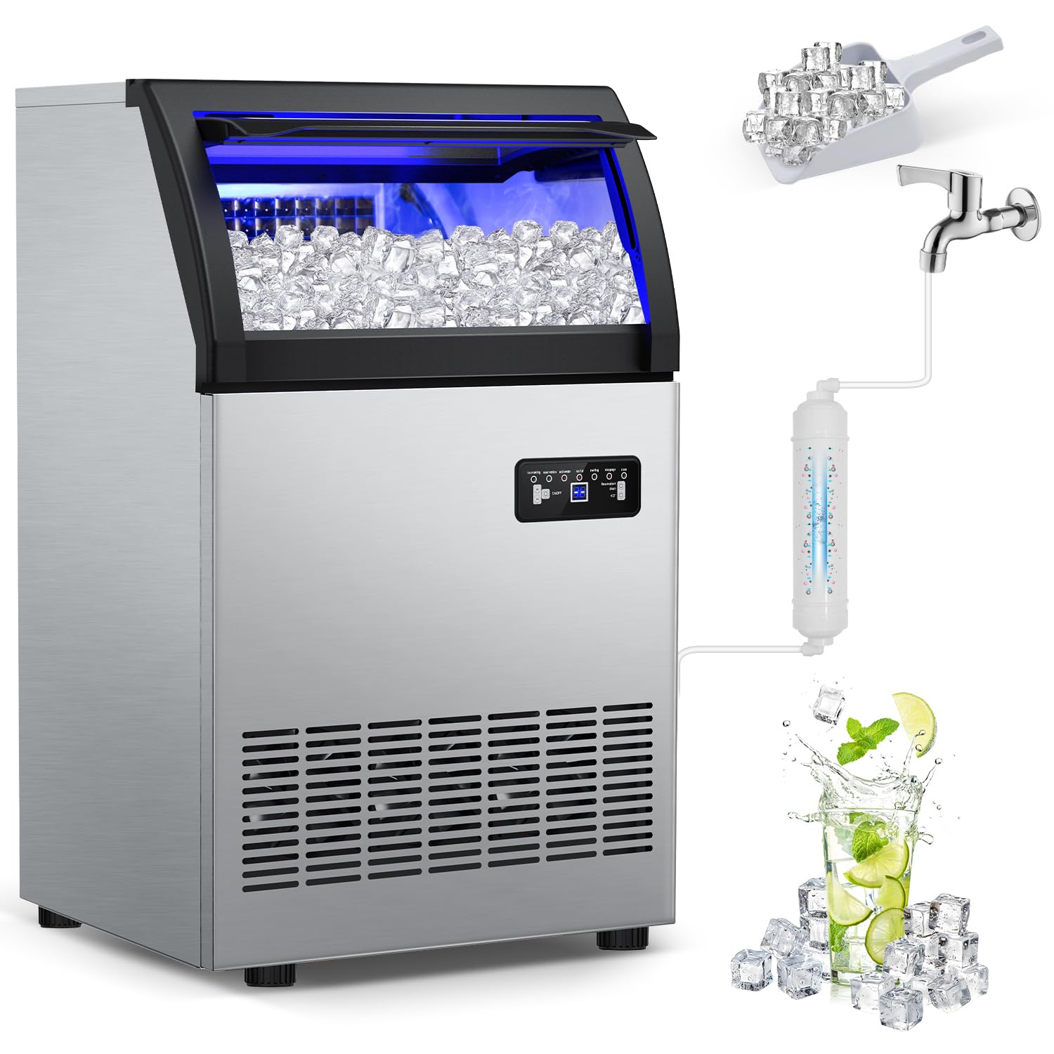 Commercial Ice Maker 260lbs/24h, Ice Machine 72pcs Ice Cubes, Undercounter Ice Maker Machine With Water Line And Filter, 35 Lbs Storage Ice Bin, Stainless Steel Ice Maker For Home,Shop,Bar on Fridge.com - View 1