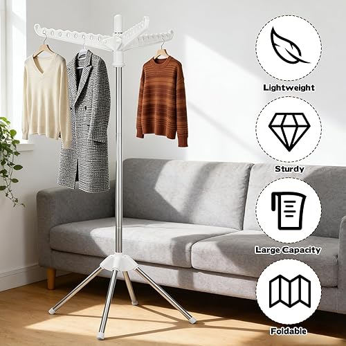 Miniatura 6 de Estante de secado de ropa giratorio y plegable de 59 pulgadas, árbol de secado de ropa con 27 agujeros para colgar, soporte de 4 patas que ahorra