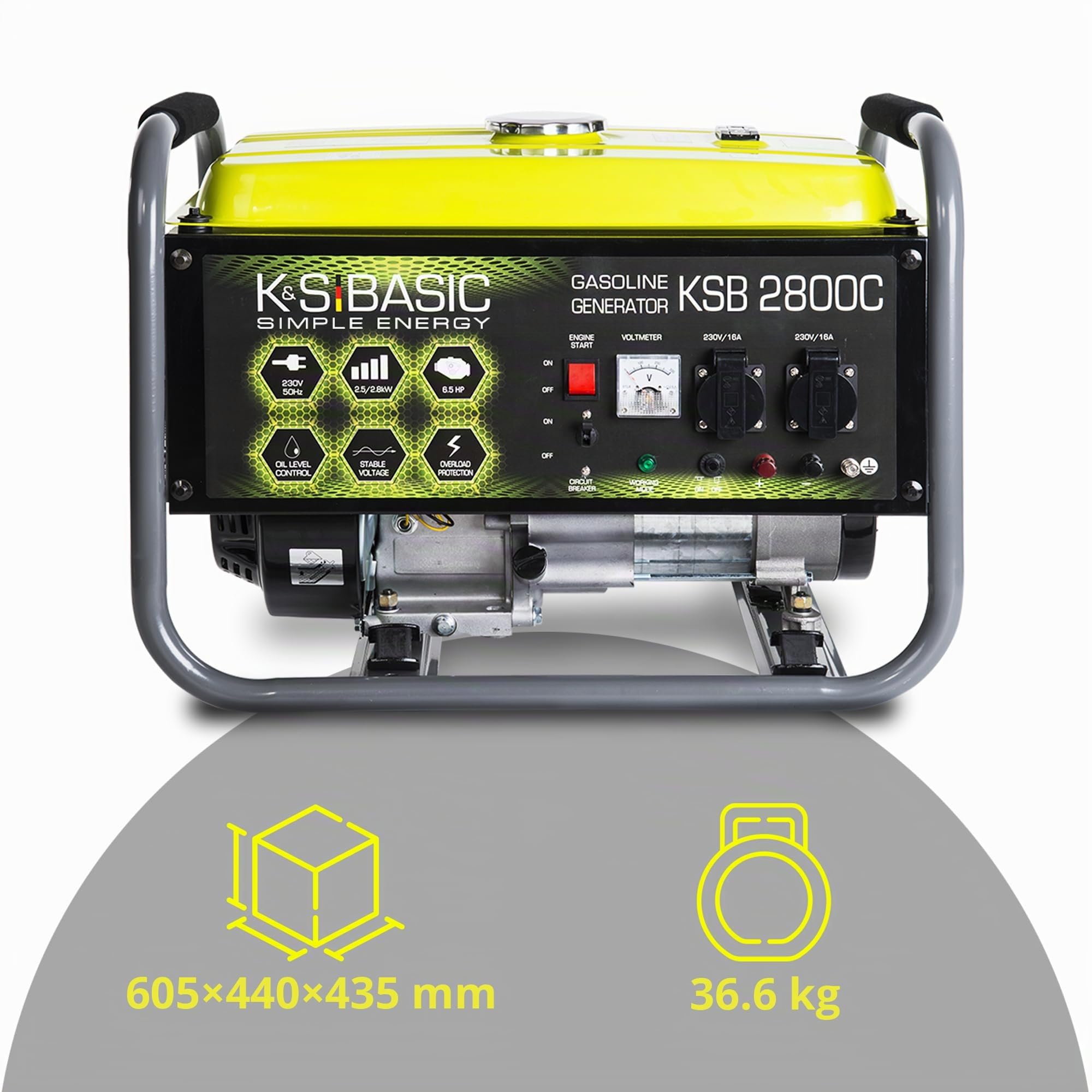 KSB 2800C - Generatore di corrente, 6,5 CV, motore a benzina a 4 tempi, in rame, regolatore di tensione automatico (AVR), 2800 Watt, 16 A, 230 V, per uso domestico e tempo libero