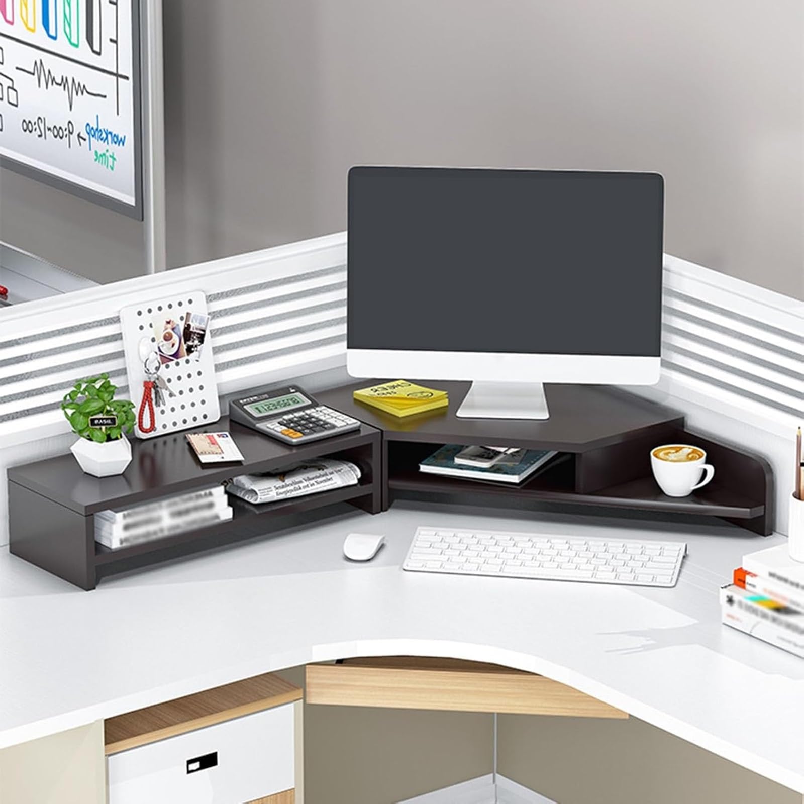 Supporto angolare ergonomico per Monitor, Rialzo da scrivania con portabicchieri e 2 Ripiani portaoggetti, Organizer salvaspazio per scrivania da Ufficio