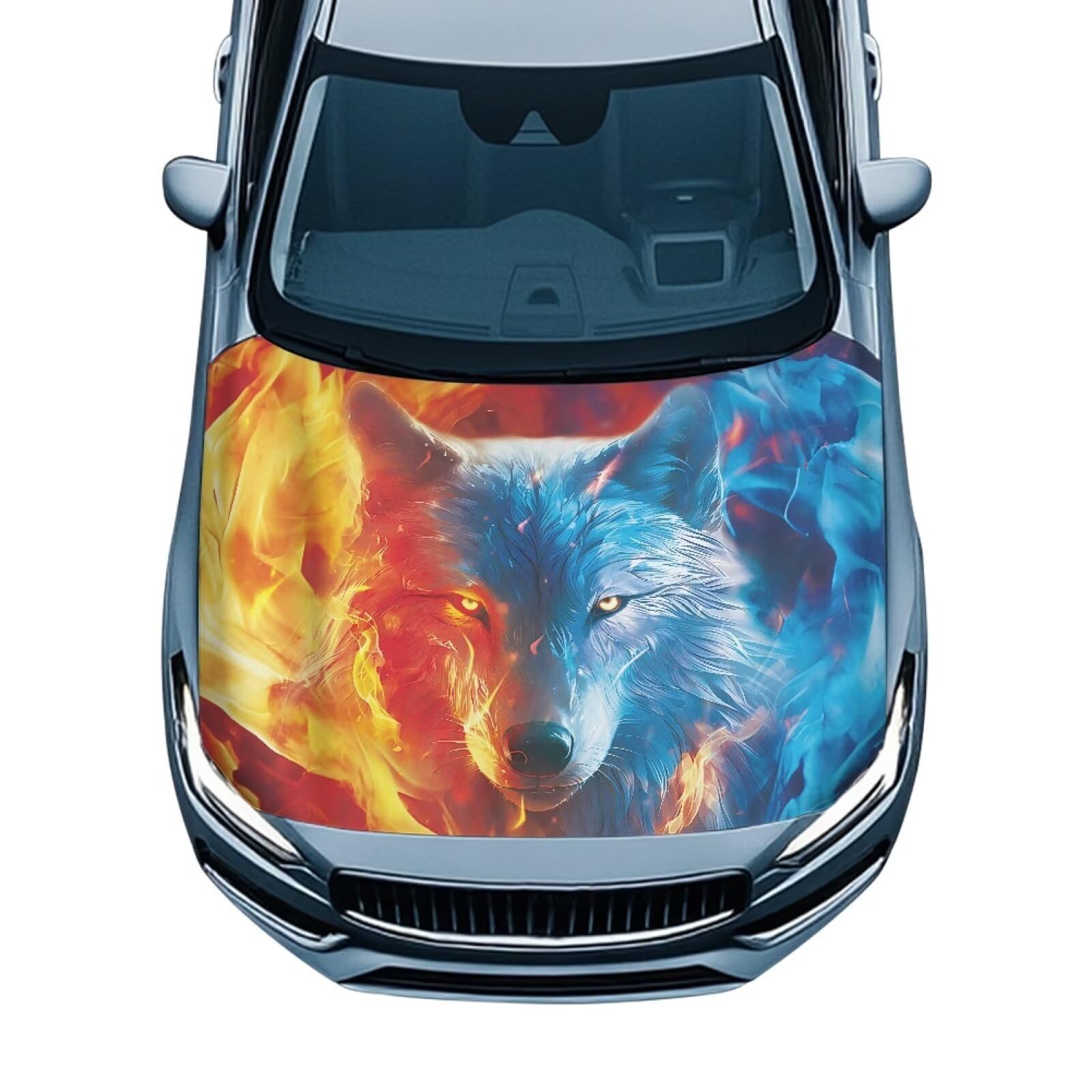 Fire Blue Wolf Hood Cover for Truck Stretchable Engine Cover Can be Washed Hood Wraps Universal for Cars