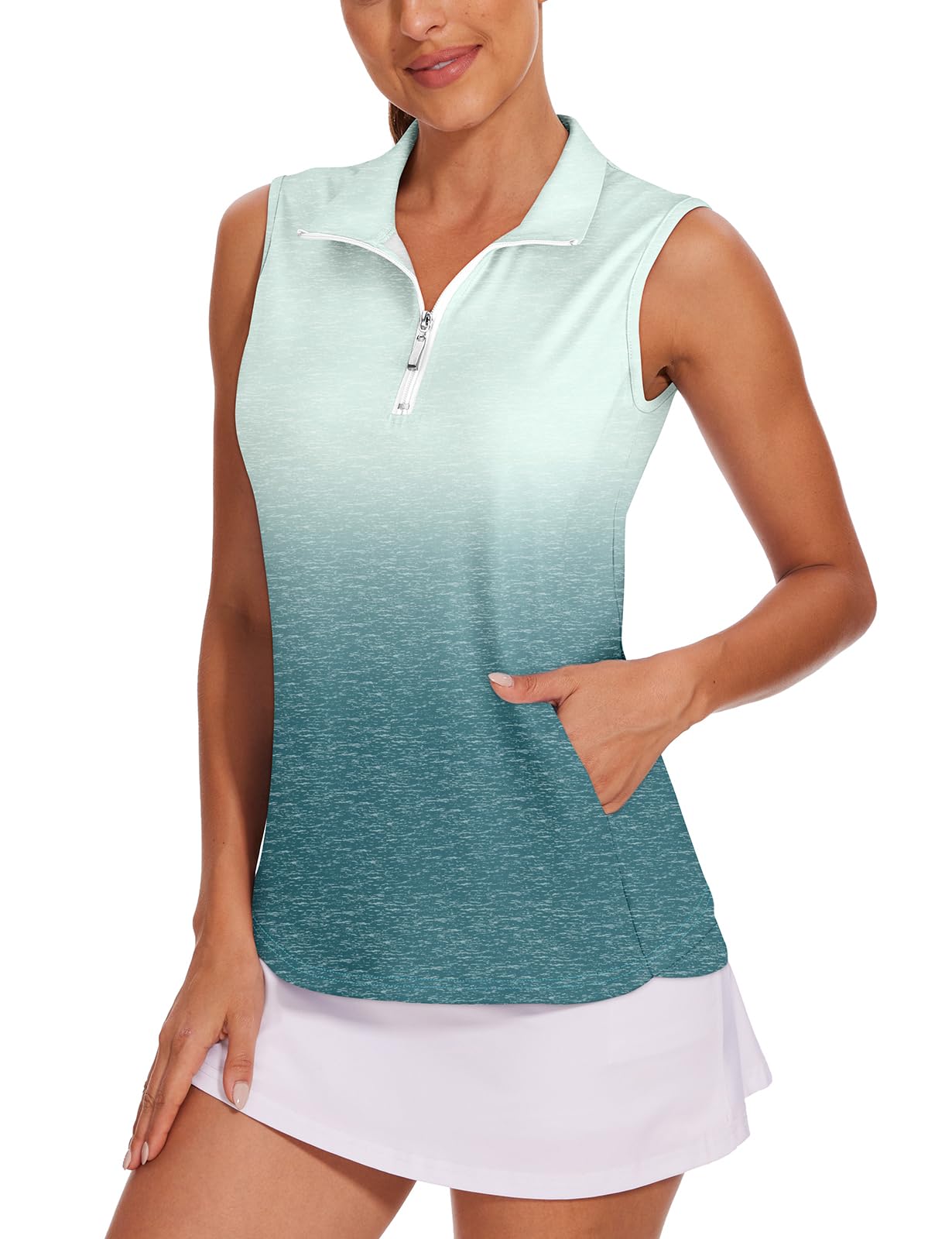 Tanst Sky Womens Sleeveless Golf Shirt Zip Up Workout Tops with Pockets