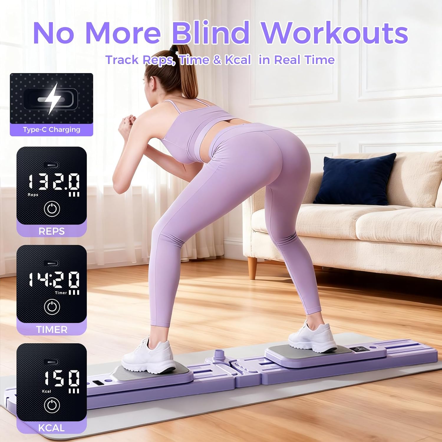 Pilates Board - Pilates Reformer Set with Phone Holder, 9-in-1 Foldable Pilates Reformer Equipment with Timer for Home Workout, Fitness, Exercise, Abs, Core Equipment. (Grape Purple)
