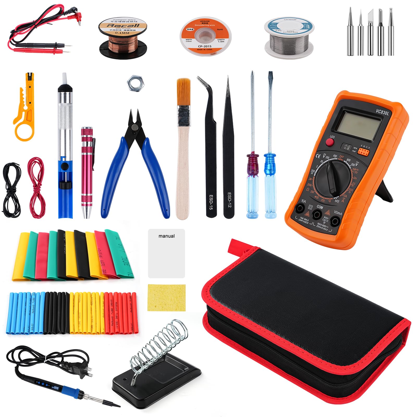 Jadeshay 80W Soldering Iron Kit with Multimeter Kit, Temperature-Controlled Soldering Set with LCD Display, 5 Tips & 30+ Tools for Electronics Repair,