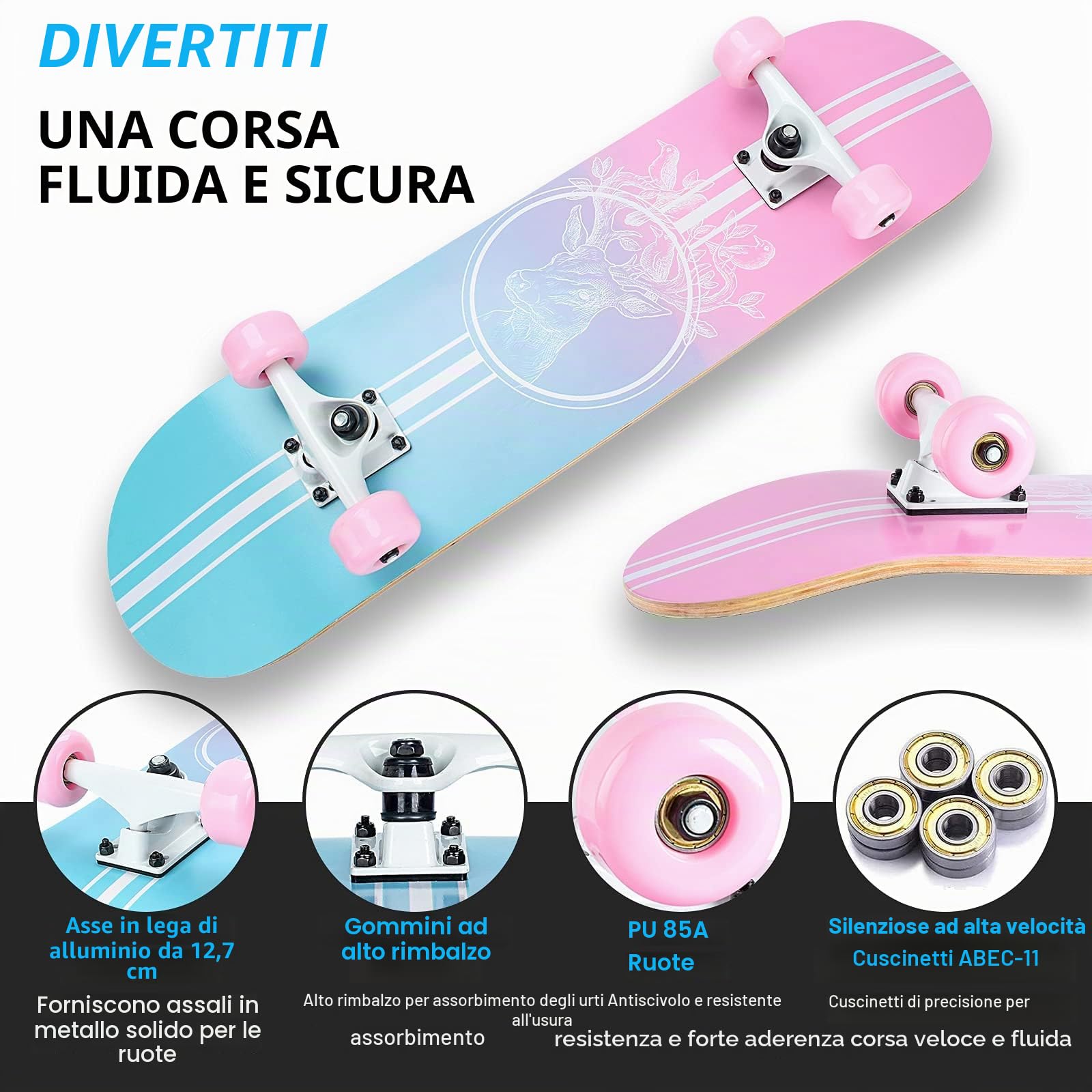 Skateboard 8 strati in legno d'acero 78,9 x 20,3 cm, cuscinetti a sfera ABEC-11 e ruote 95A, skateboard standard per bambini, adolescenti, adulti e principianti