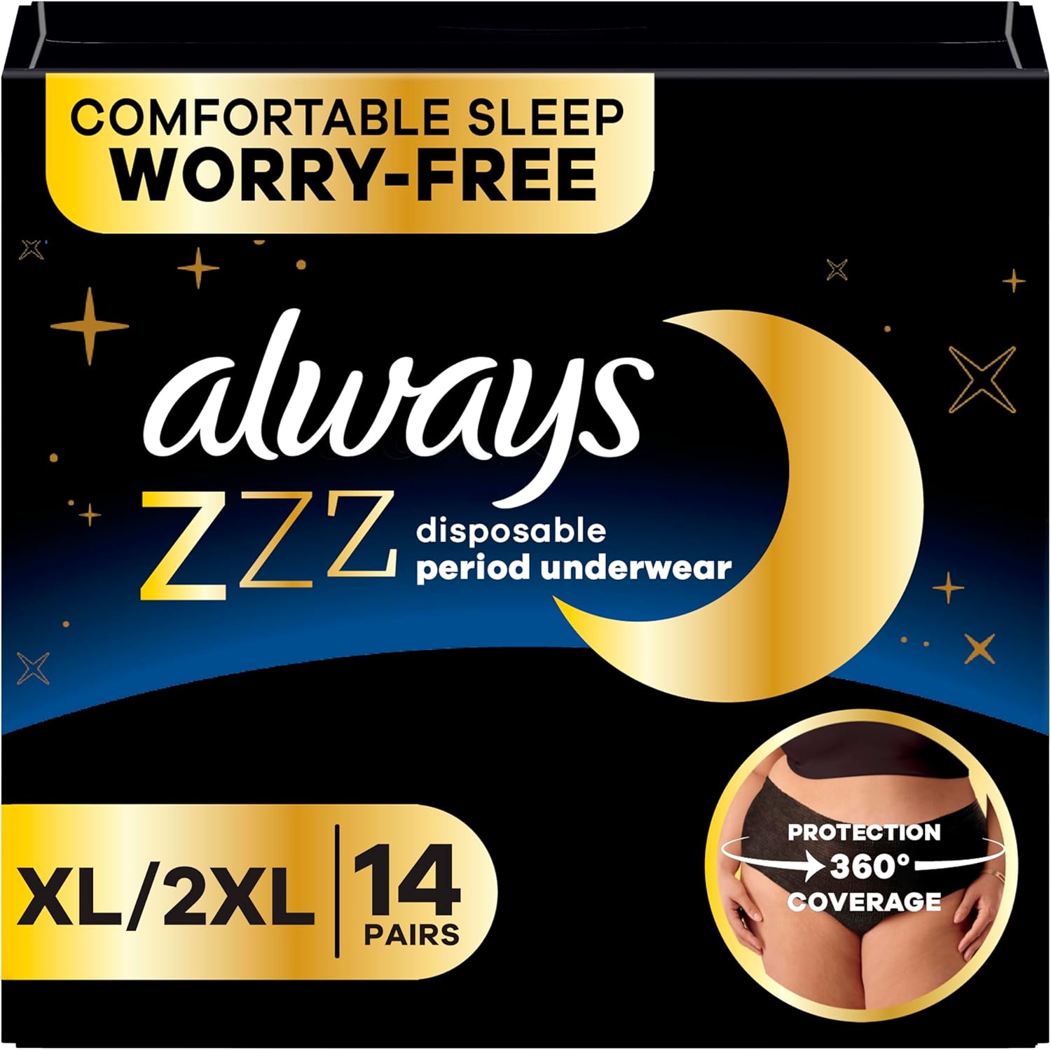 Always ZZZ Overnight Disposable Period Underwear for Women Extra Large, 360° Coverage for Worry-Free Nights, 14 Count (2 Packs of 7)