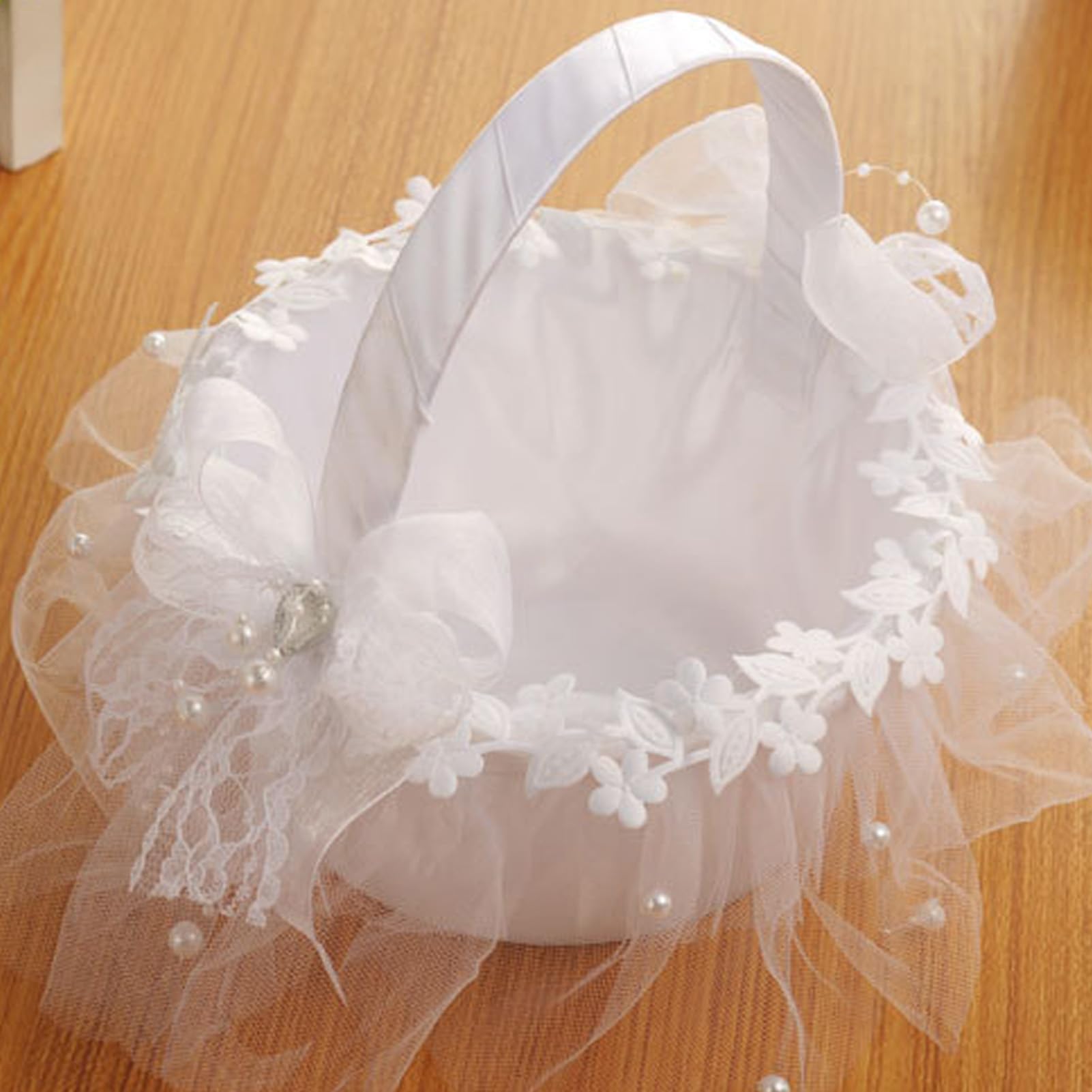DULRLLY White Flower Girl Basket Small Satin Lace Wedding Flower Basket Decorated with Lace Pearl Satin Flower Romantic Petals Storage Flower Basket for Flower Girl Rustic Wedding Ceremony Decor