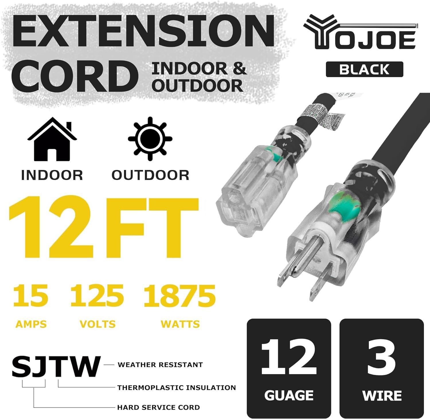 YOJOE - Cable de extensión para interiores y exteriores con extremo iluminado, cable de alimentación resistente a la intemperie de 3 clavijas, calibre 12, cable de extensión negro de 12 pies, para