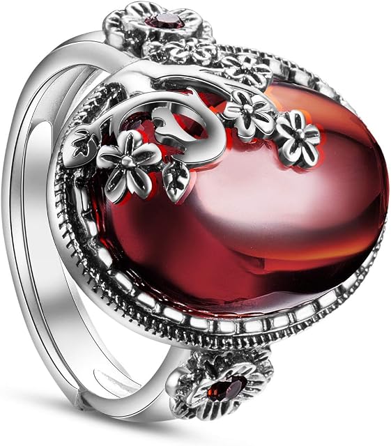 SHEGRACE Women's Vintage Plum Rings 925 Sterling Silver Blossom Oval Garnet Ring Grade AAA Cubic Zirconia Ring for Women , 19mm (Adjustable)