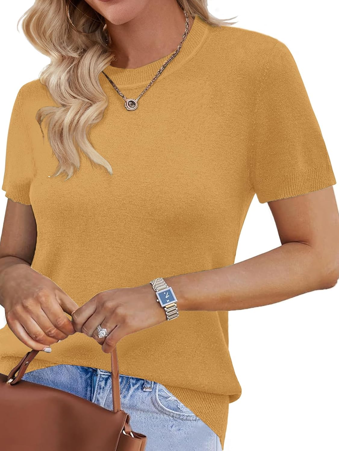 Womens Short Sleeve Sweater Fall 2025 Business Casual Outfits Crewneck Lightweight Thin Sheer Knit T-Shirt Top - Image 2