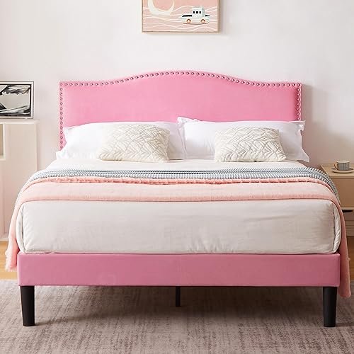 VECELO Queen Bed Frame, Platform Bed Frame with Adjustable Height Upholstered Headboard, Heavy-Duty Frames and Strong Wooden Slats Support, Non-Slip and Noise-Free, Easy Assembly, Pink