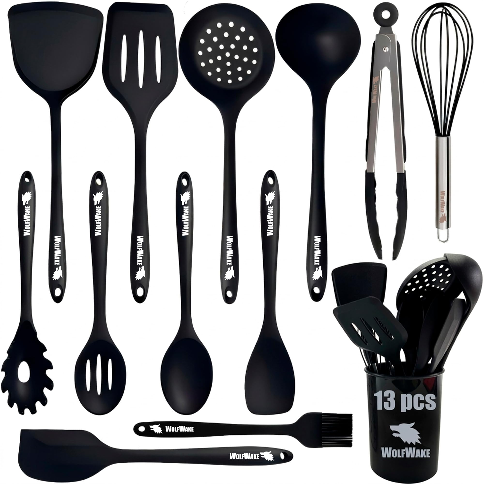 13 Piezas Utensilios de Cocina de Silicona - Menaje de Cocina, con Paletas de Cocina, Cucharones de Cocina, Pinzas de Cocina, Bote Utensilios Cocina, Resistentes al Calor y Antiadherente.