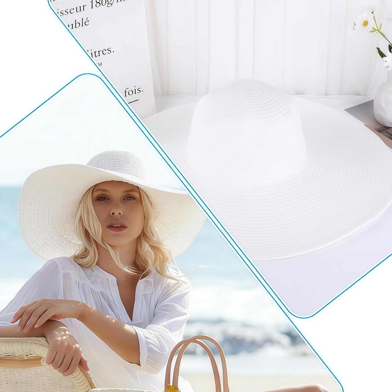 Womens Floppy Straw Hat Wide Brim Foldable Packable Braid Cap UV Protection Summer Gardening Hiking Beach Sun Hat for Head Circumference 58cm(White) - Image 4