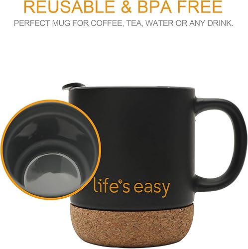 Miniatura 5 de Life's Easy Taza de café de 12 oz con fondo de corcho aislado y tapa a prueba de salpicaduras a presión, color negro