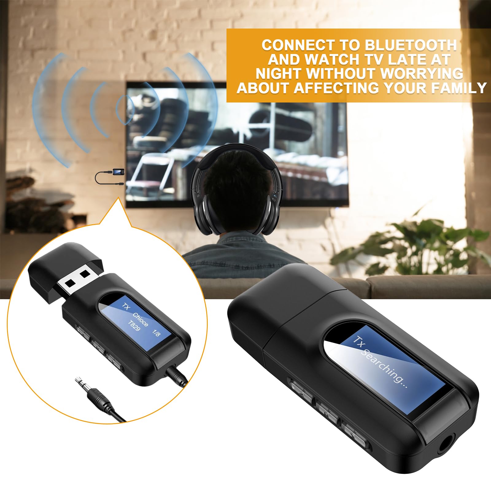 Adapter Bluetooth Audio: 2 w 1 USB Bluetooth 5.0 adapter do telewizora, nadajnika audio, odbiornika z ekranem LCD i jack 3,5 mm, niewielkie opóźnienie transmiter Bluetooth do komputera, słuchawek,