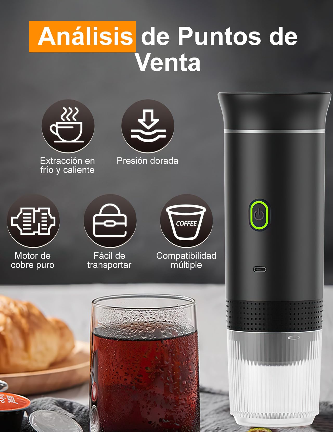 Cafetera Portátil, Cafetera Eléctrica Espresso con Autocalentamiento | 2 en 1 Compatible con Café Molido y Cápsulas de Café para Acampar, Hacer Senderismo y Viajar