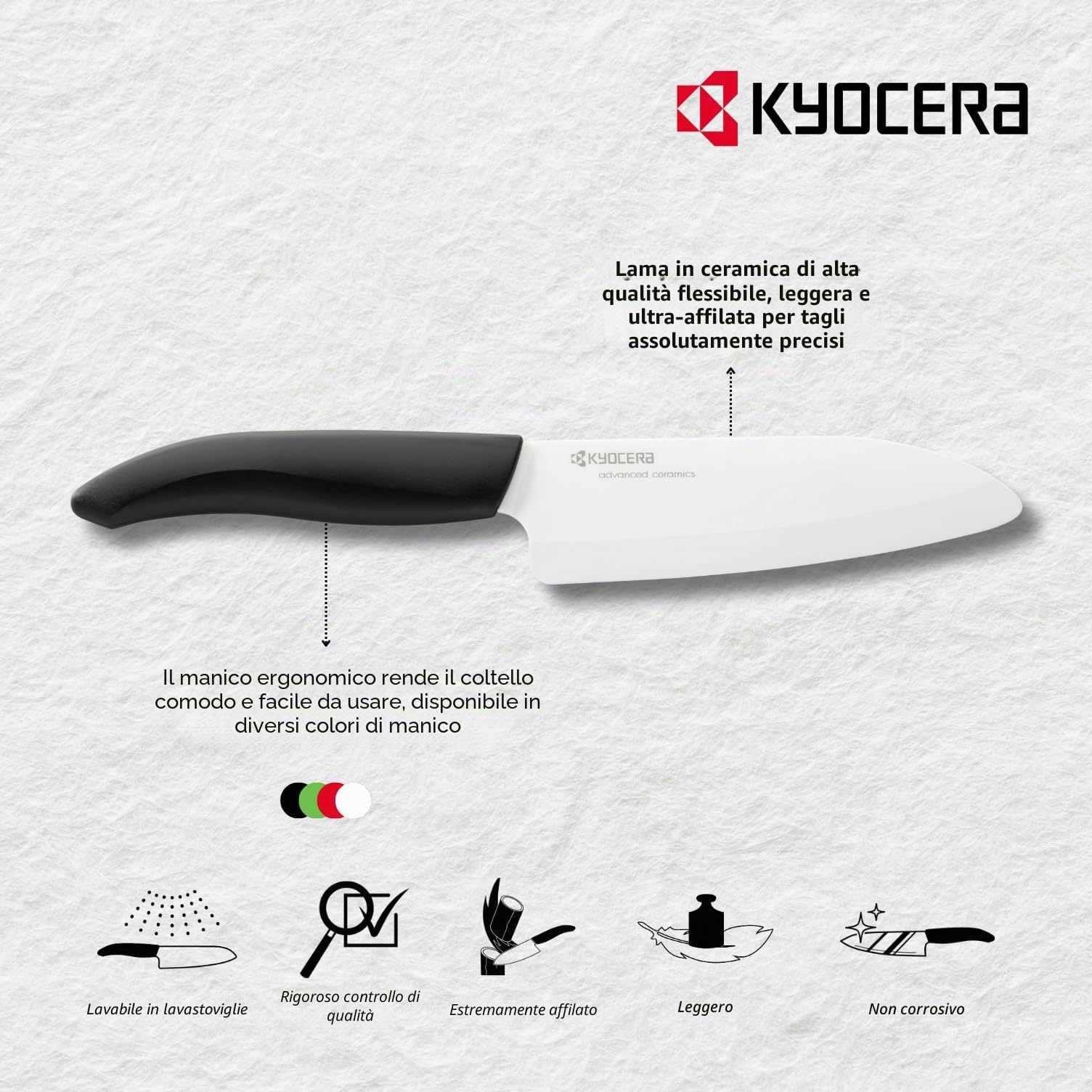 Coltello Kyocera in ceramica, coltello Santoku, lama 14 cm, lama in ceramica zirconia, levigata a mano, estremamente affilata, lavabile in lavastoviglie, manico bianco, FK-140 WH-WH