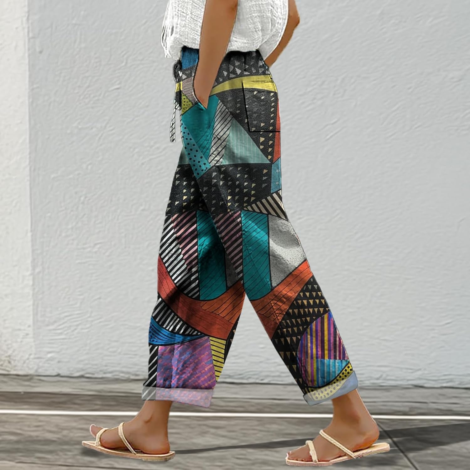 Pants for Women Summer Trendy Casual Lounge Trousers Wide Straight Leg Drawstring Slacks - Image 2