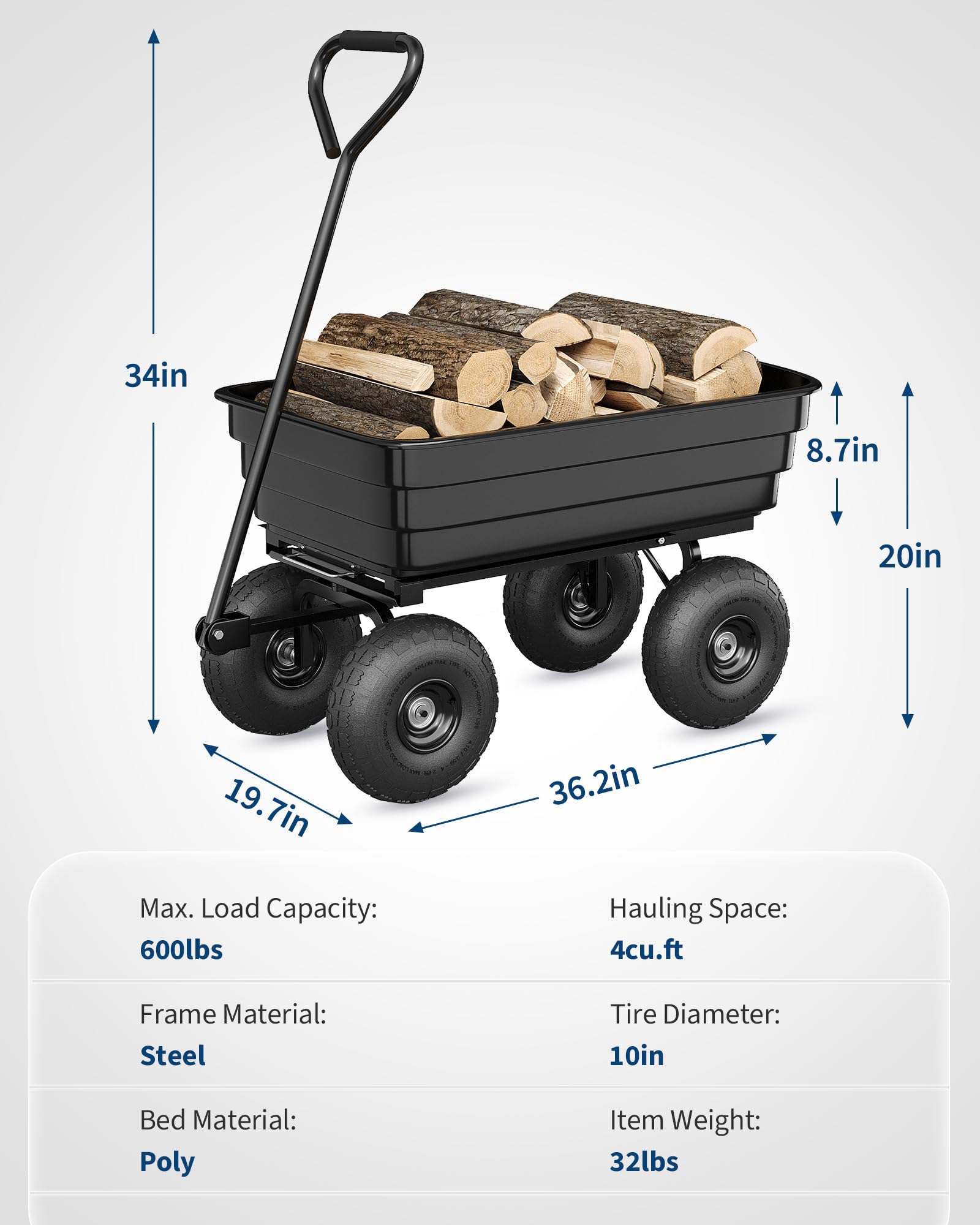 GarveeHome Gartenwagen mit Kippfunktion bis 270 kg Transportwagen | Bollerwagen mit Lenkachse Luftbereifung auf Stahlfelge, Gartenkarre Dumper für Gartenarbeit Rasen