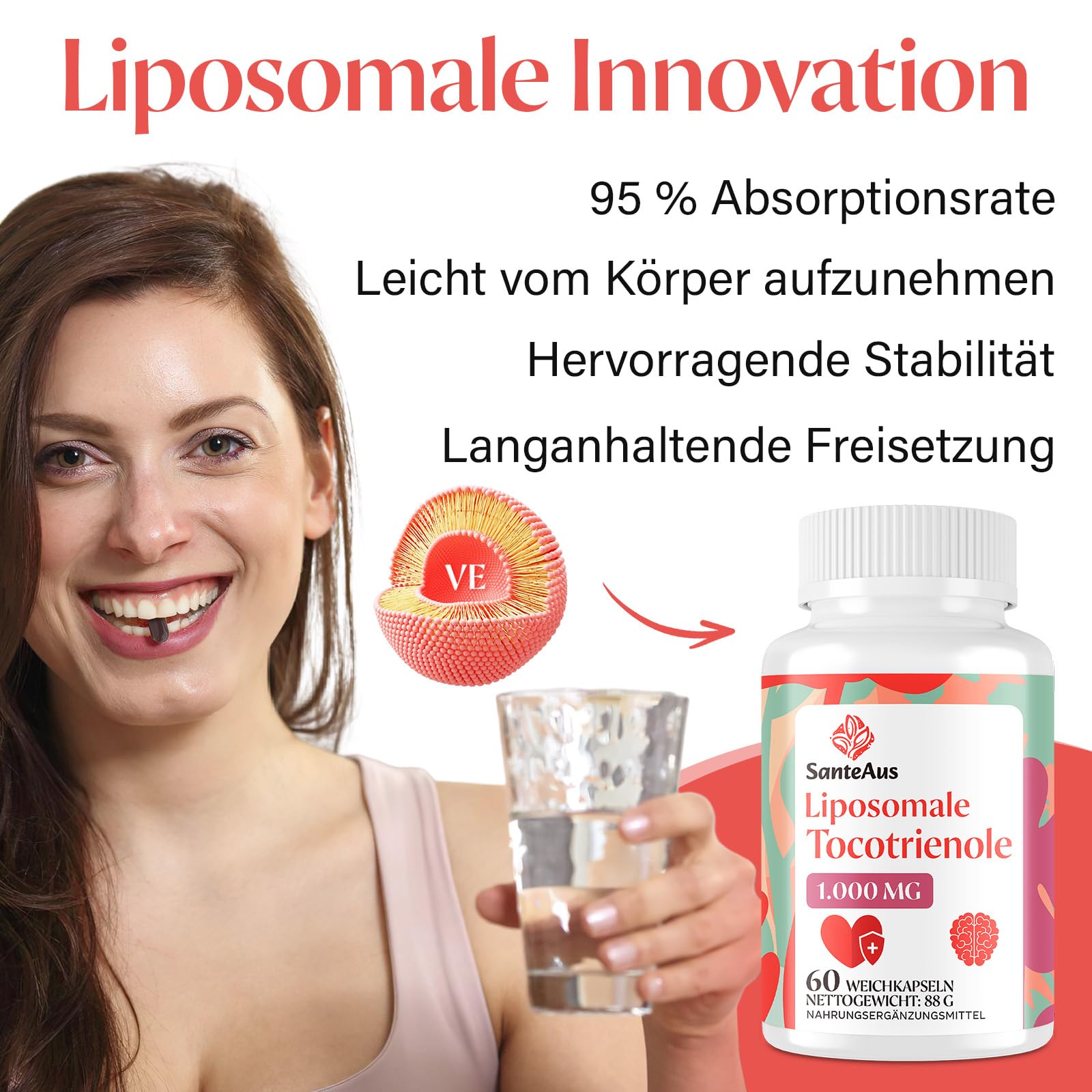 Liposomale Tocotrienole 1000 mg – Vitamin E Kapseln hochdosiert ohne Soja – Tocotrienol Vitamin E Komplex, tocopherolfrei – Antioxidativer Zellschutz – 60 Softgels