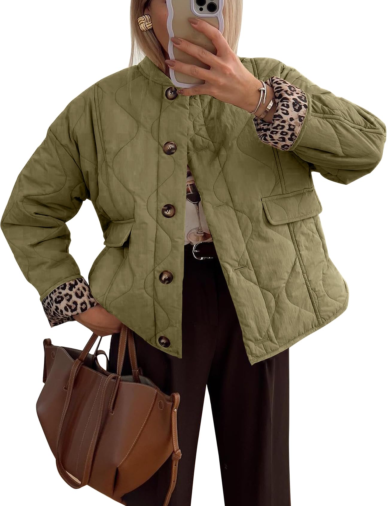 FlygoWomen's Casual Quilted Puffer Jacket Leopard Lined Collarless Cropped Button Down Winter Warm Lightweight Bomber Coat