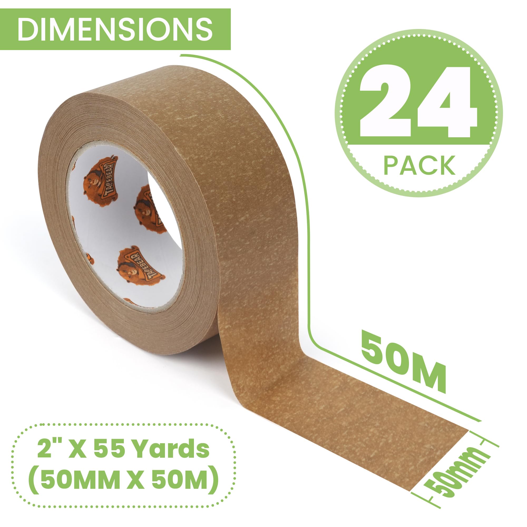 TAPEBEAR 24 Rollos Cinta de Embalaje de Papel Kraft Ecológica - Con Dispensador, 5cm x 50m, Biodegradable, Reciclable, Autoadhesiva para Mudanzas, Envíos y Sellado