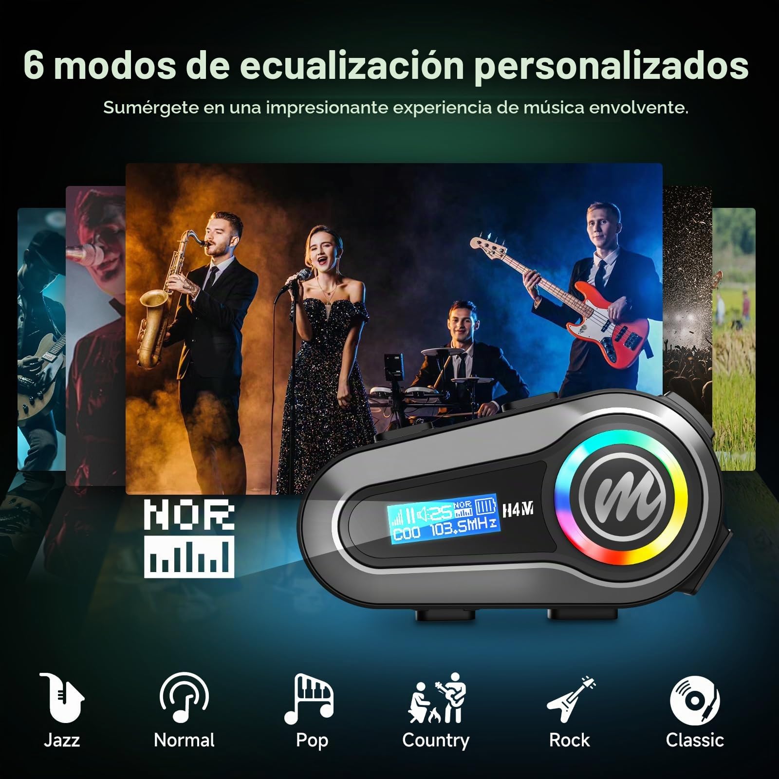 Moman Auriculares Casco Moto, H4M 【Pantalla LCD & 6 EQ Modo】 Manos Libres Motocicleta Auriculares Inalámbricos Capacete Moto HiFi Estéreo Cancelación de Ruido Radio FM Asistente de Voz Impermeable