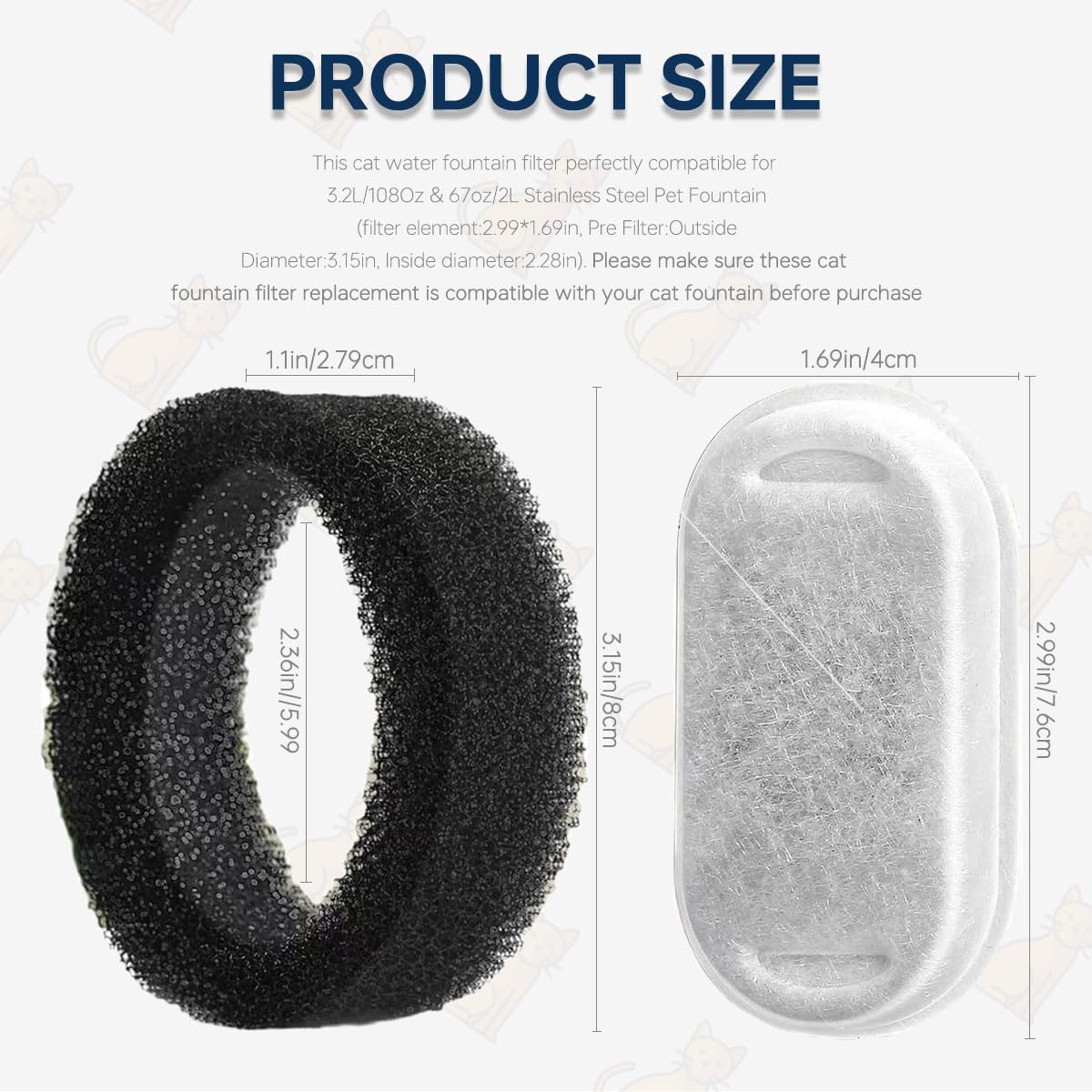 Opakowanie 16 filtrów do fontann dla kotów i gąbek filtrujących kompatybilny z Tomxcute 3.2L/108Oz & dla GIOTOHUN 67oz/2L ze stali nierdzewnej Fontanna dla zwierząt domowych (8+8)
