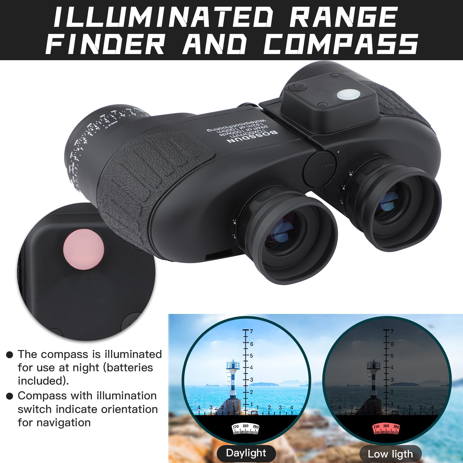 Binocolo Marino 10x50 Impermeabile IPX7 - Con Bussola, Telemetro E Prisma BAK4, Per Navigazione E Sport Acquatici