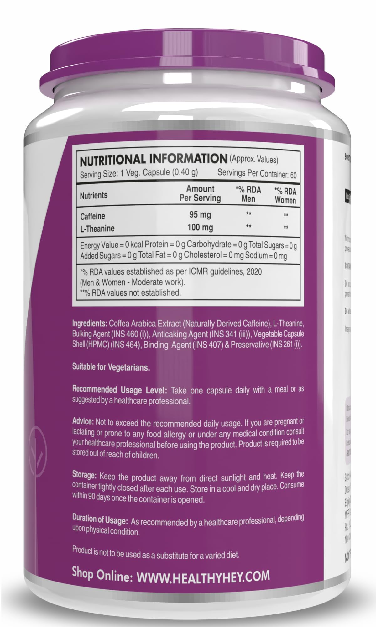 HealthyHey Nutrition Natural Caffeine Plus L-Theanine-Support Energy and Focus (Pack of 60 Vegetable Capsules) 1