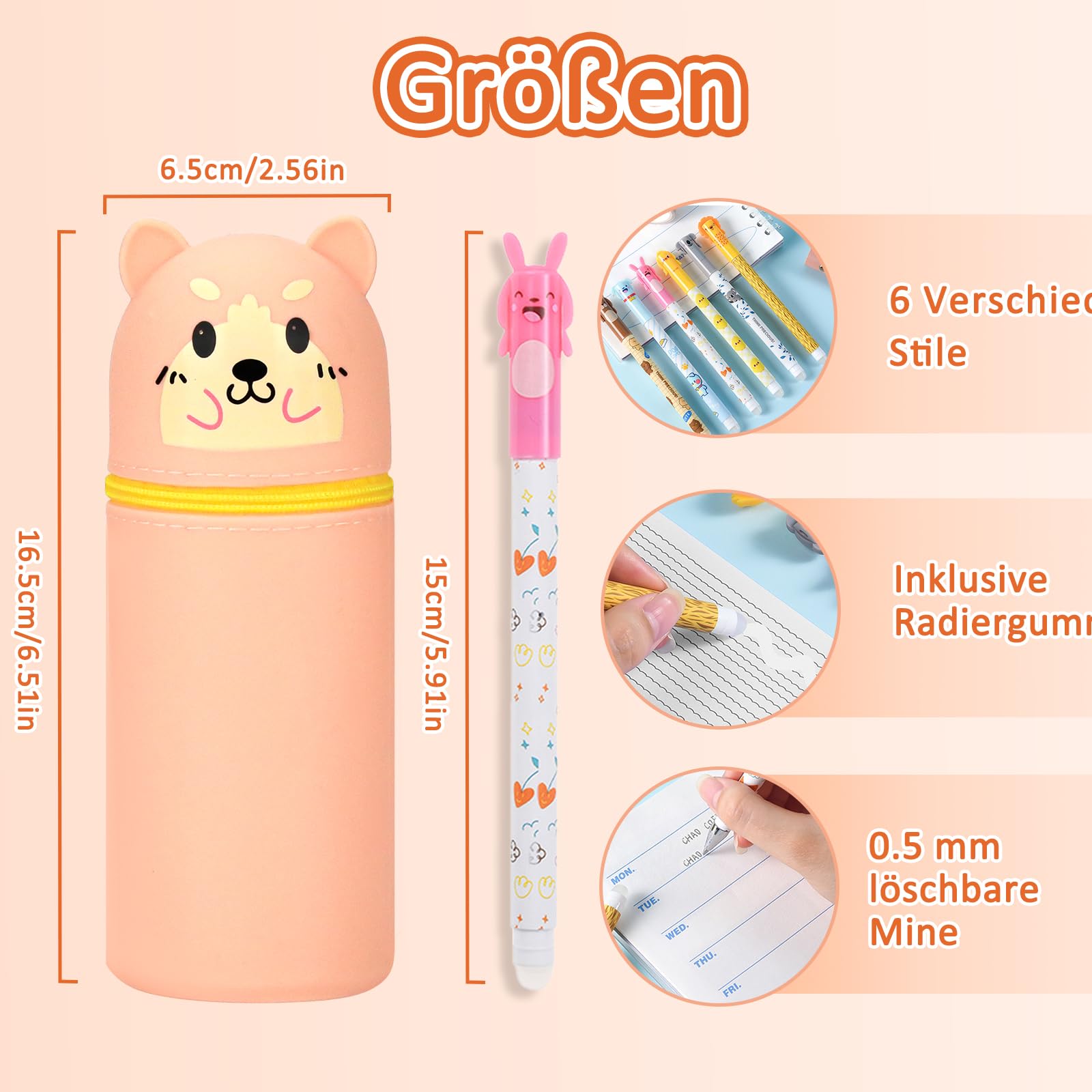 Set di penne gel cancellabili con testa di animale, 6 penne cancellabili + astuccio in silicone 2 in 1, per ragazze, cancellabile in gel da 0,5 mm, nero, portapenne, per scuola, università, ufficio