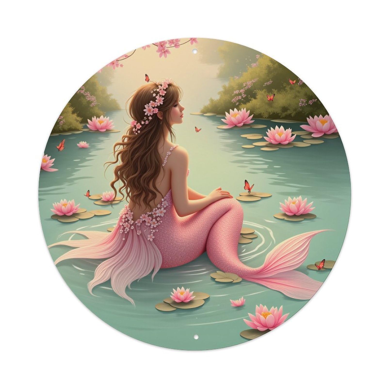 Mermaid In Pink Waterlily Pond Round Tin Sign Vintage Metal Poster, Home Bar Garage Man Cave Cafe Indoor & Outdoor Wall Decoration 8x8Inches