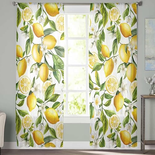 Miniatura 2 de AMZRicher Cortinas traslúcidas de limón de 84 pulgadas de largo, juego de 2 paneles de cortinas semitransparentes con bolsillo para barra de cortina