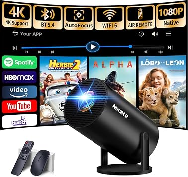 Projector 2026 UpgradedMini Projector with WiFi 6 and Bluetooth 5.2 Support 4K 1080P Auto Keystone 270 Rotatable Projector Portable Compatibile with HDMI/TV Stick/Memory Stick/Laptop-Black