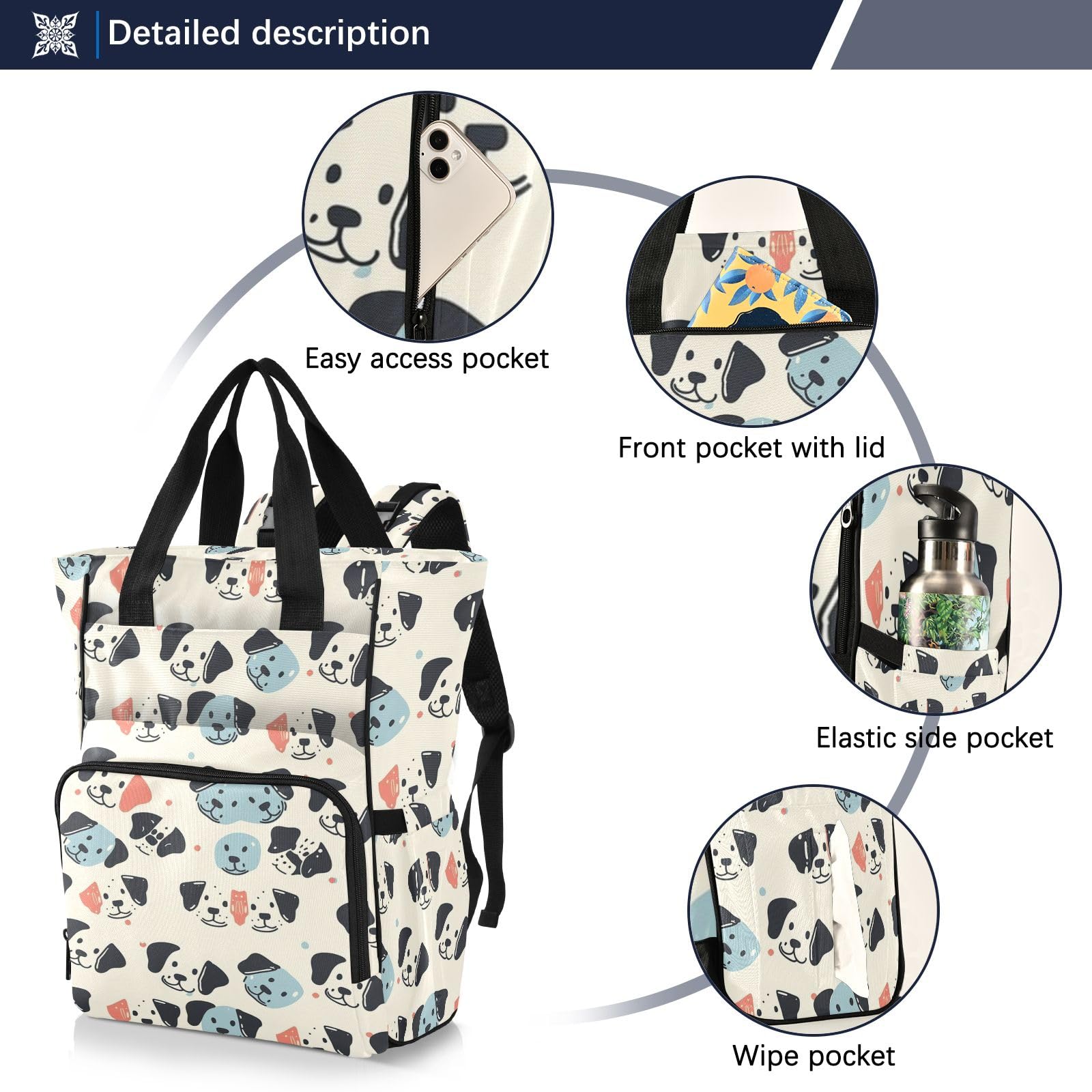 Mnsruu Borsa per pannolini per bambini con testa di cane carina borsa grande borsa impermeabile da viaggio borse per pannolini per mamme e papà
