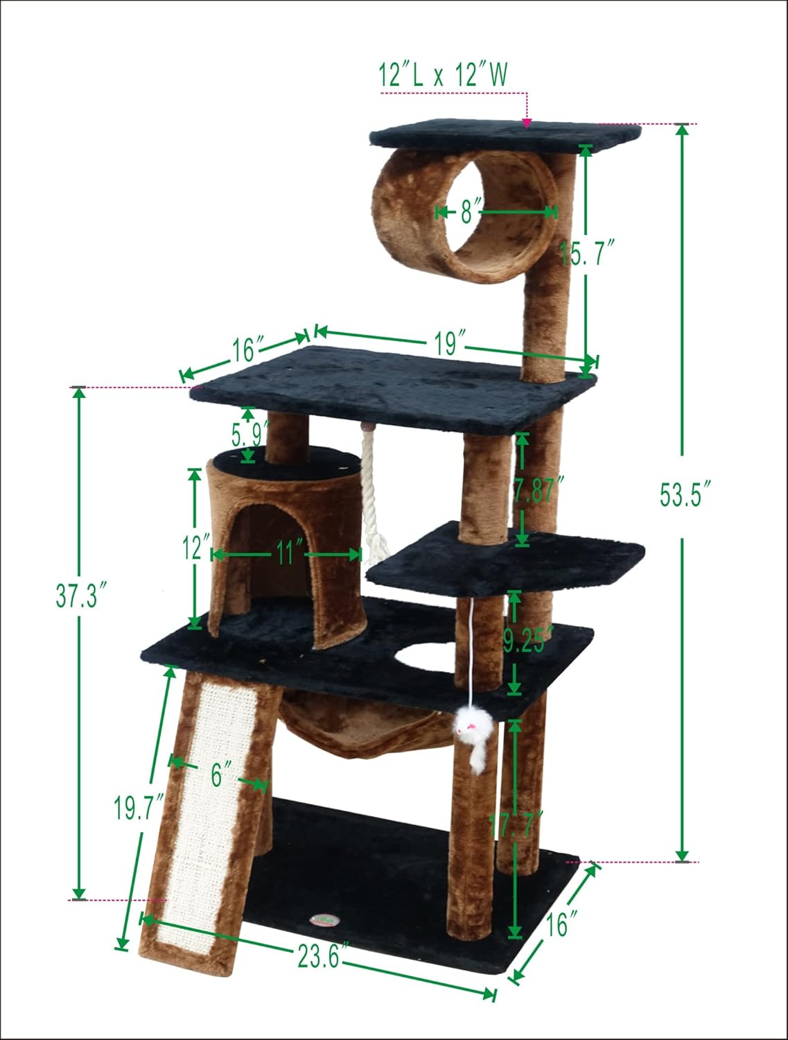review Go Pet Club Everyday Value 53in Cat Tree Kitty Tower Kitten Scratcher Condo House Furniture with Hammock and Tunnel Indoor Cat Activity Center, Brown/Black