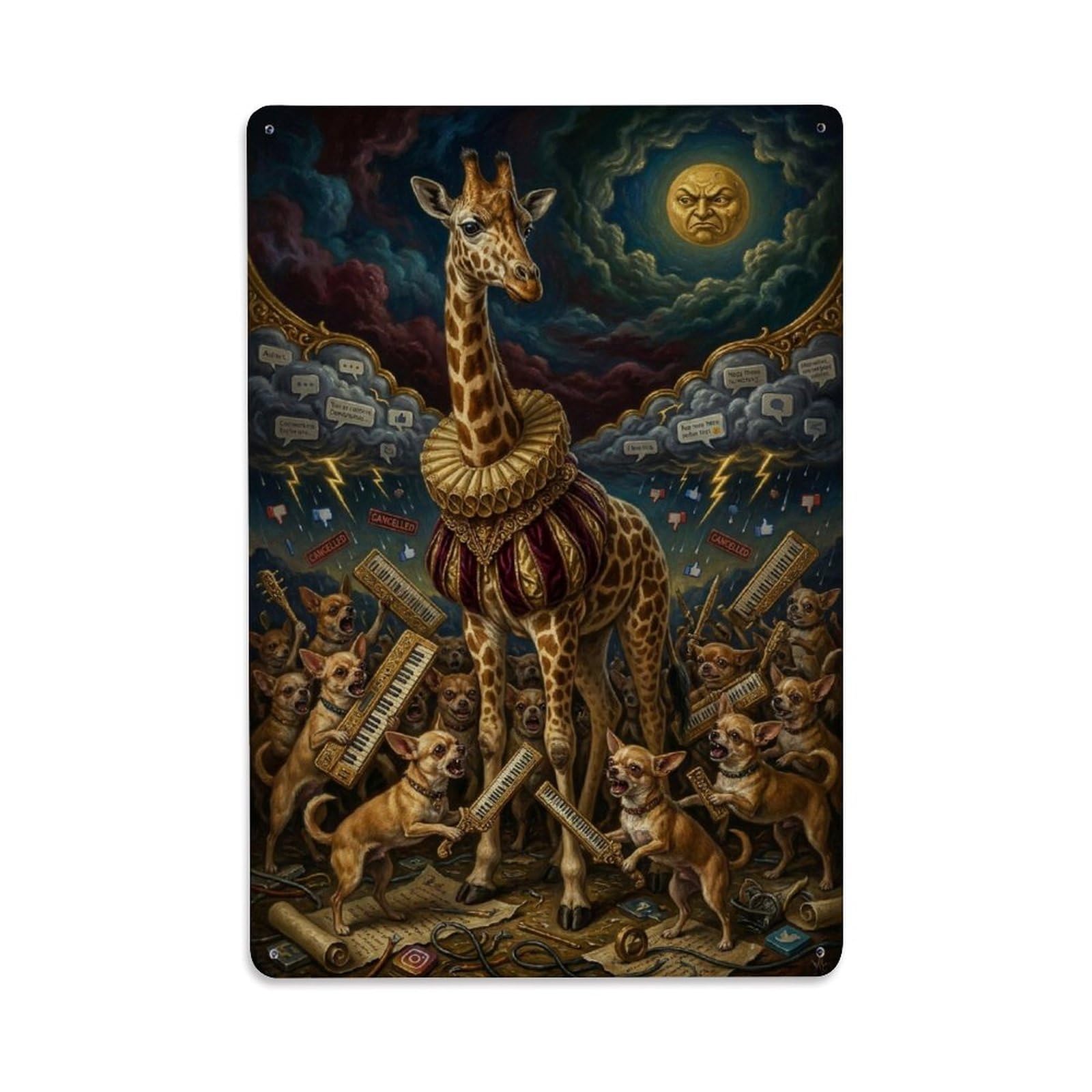 Giraffe Comment Surreal Vintage Animal Storm Social Satire Metal Tin Sign Plaque Wall Decor for Cafe, Man Cave, Club Bar, Office, Home Garden Round Metal Poster 8x12Inch