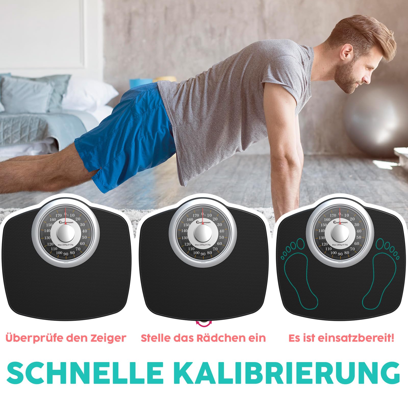 Adamson A25G Analogwaage - NEU - bis 180kg, rutschfeste Gummioberfläche, extra große Ziffern, hochpräzise Personenwaage Analog, langlebig, 20-Jahre Support für Haushalt, Schlafzimmer, Bad - Gold