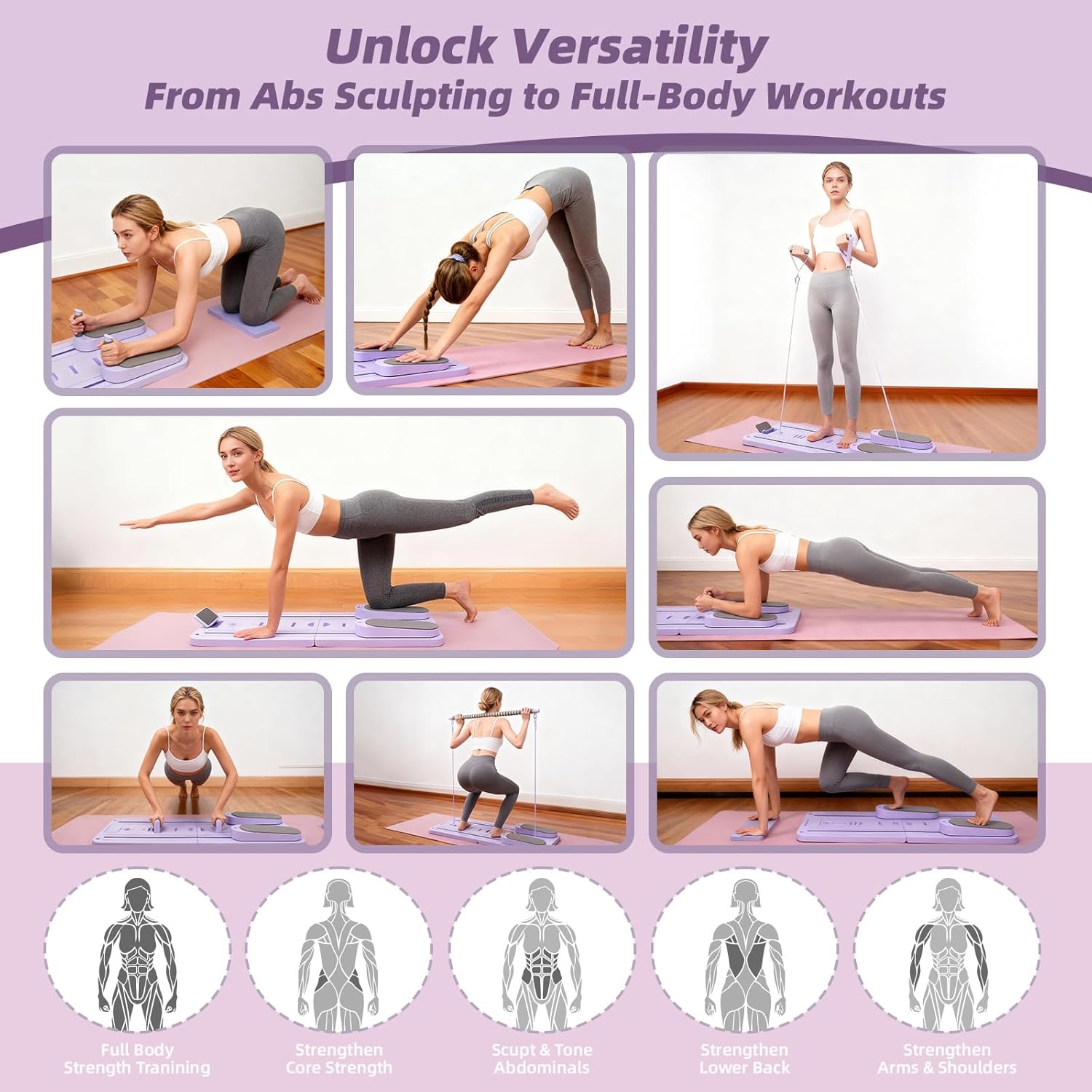 Pilates Reformer Board, Foldable Pilates Reformer Kit,Portable Pilates Machine for Women Girls，All-in-1 Multi-Purpose Abs Core Pilates Equipment Workout for Home Office Indoor