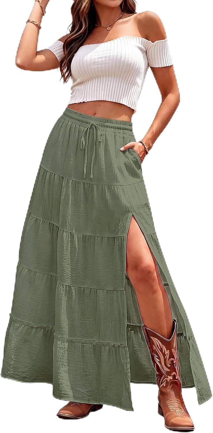 Bsubseach Women Boho Maxi Skirt Western Flowy Tiered High Slit Long Skirt with Pockets Elastic Waist Country Ruffle Skirts