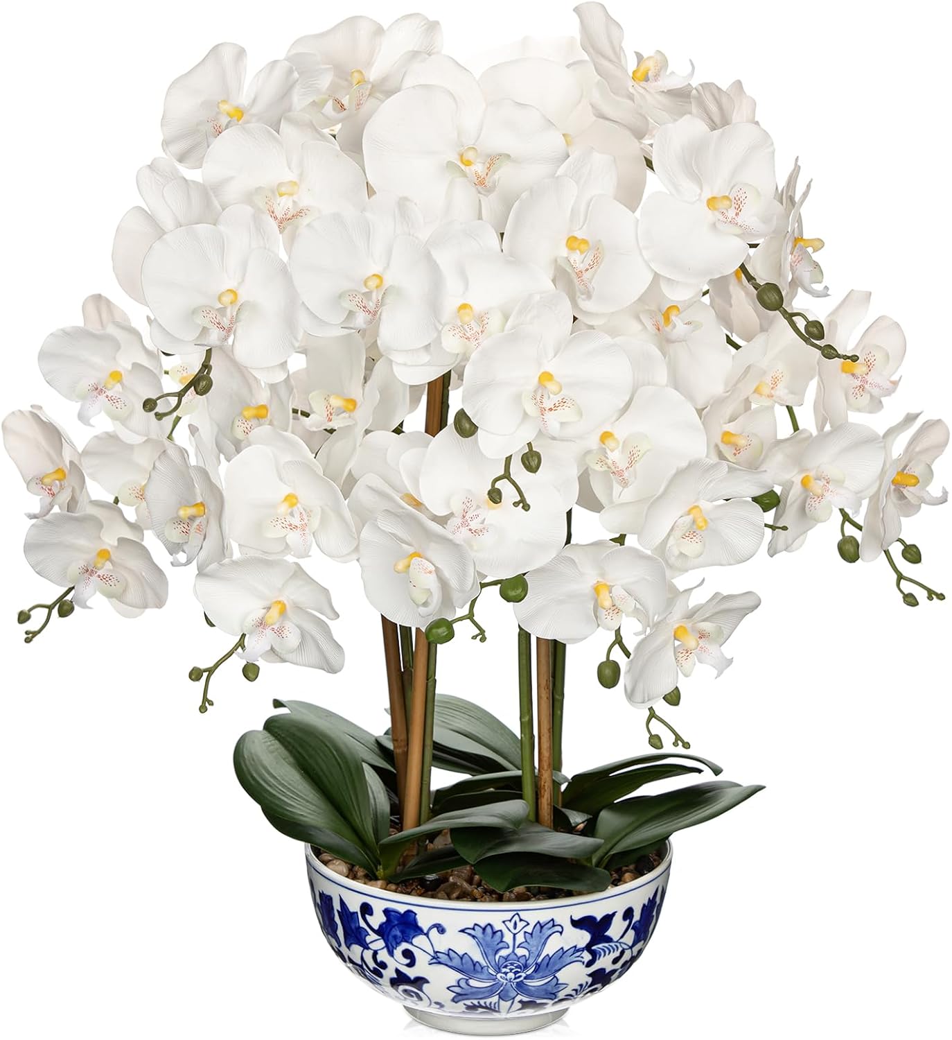 Briful Large Orchid Fake Flower in Blue and White Porcelain Bowl 24.8" White Orchid Silk Floral Arrangement Faux Phalaenopsis Flower for Home Office Room Kitchen Table Centerpiece Decor