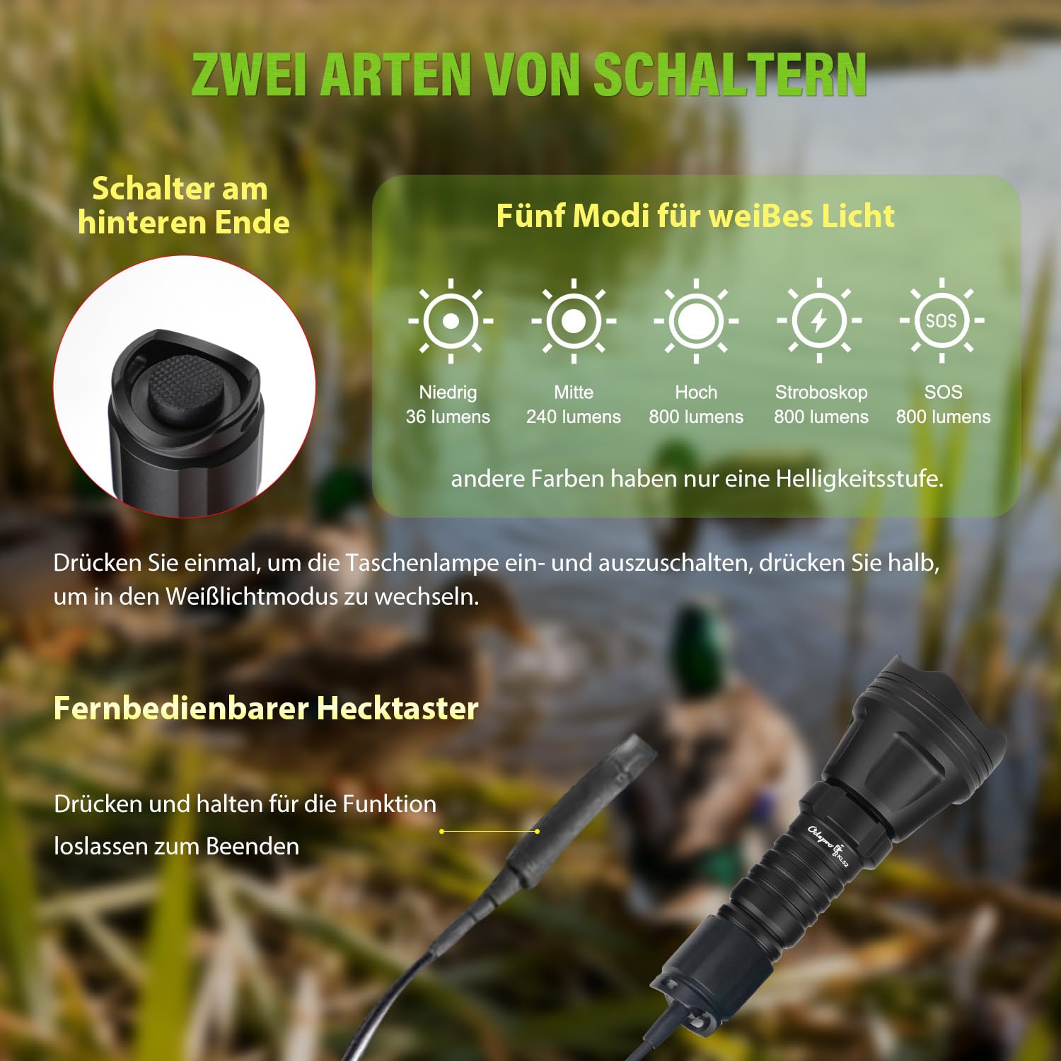KL52 Plus Taschenlampe LED mit Weiß,Rot,Grün,IR850, Zoom Taktische Taschenlampen, IP68 Wasserdichte Leuchte mit Fernschalter für Outdoor,Camping,Wandern,Notfäll