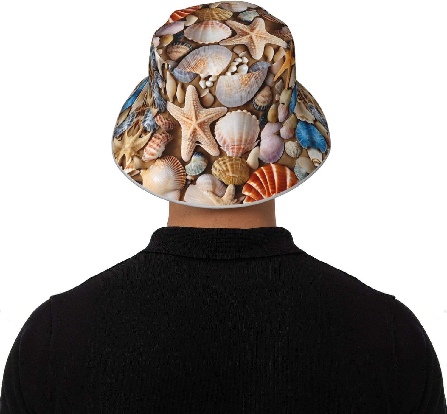 (Seashell Landscape On The Beach) Reflective Reversible Bucket Hat Foldable Breathable Stylish Two-Way Wear for Outdoor Travel Daily Activities Black