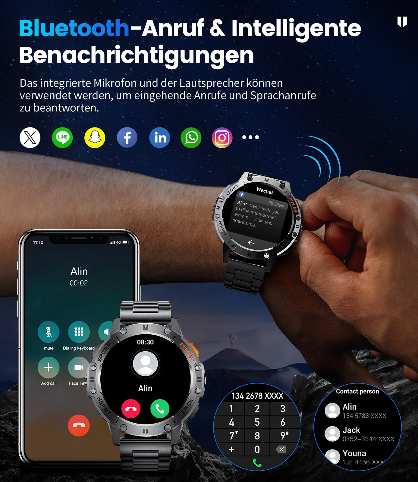 Militär Smartwatch Herren mit LED-Licht/530 mAh Batterie,1,43" AMOLED Smartwatch Fitnessuhr mit 120 Sportmodi/Herzfrequenzmonitor/Schlaf/SpO2,IP68 Wasserdicht Schrittzähler für Android iOS,3 Armbänder